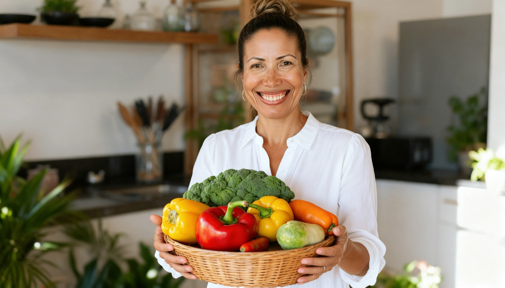 Patrícia Figueiredo segurando uma cesta de legumes frescos