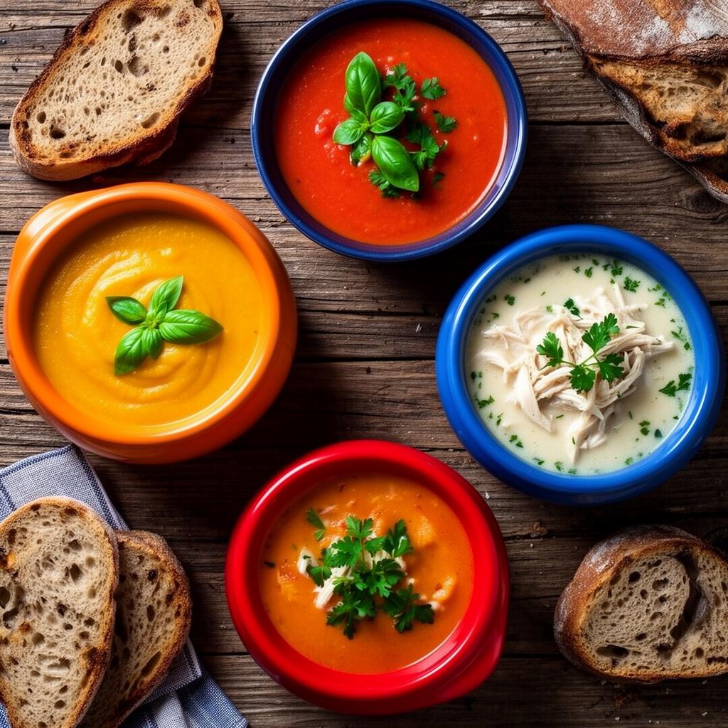 Variedade de sopas quentes de inverno com pães rústicos