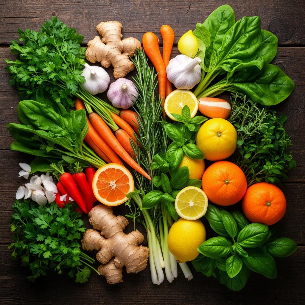 Ingredientes frescos: legumes, frutas cítricas, gengibre e ervas